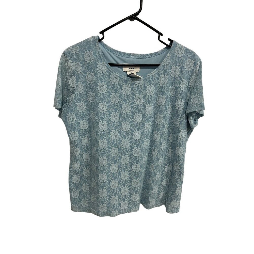 Covington Womens Blue Floral Lace Short Sleeve Top Size PXL Cottagecore Romantic
